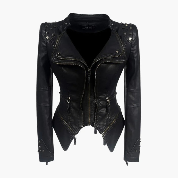 Elegant Black Leather Jacket for Women with Studded Shoulder Long Sleeve Peplum Biker Style