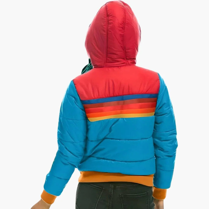 Effortless Colorblock Puffer Jacket for Women with Hooded Long Sleeve Rainbow Stripe Quilted Casual Style