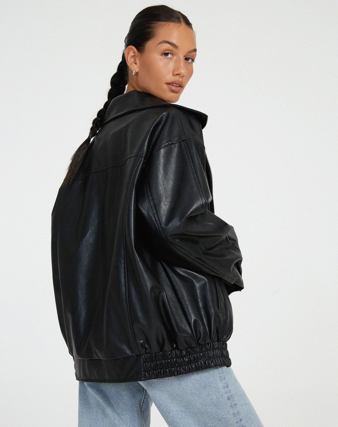 Effortless Faux Leather Jacket for Women with Collared Long Sleeve Oversized Relaxed Style