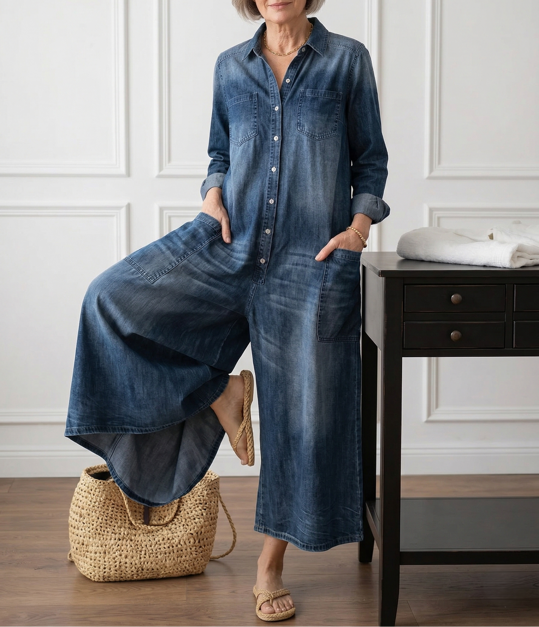 Combinaison en jean pour femme en coton avec boutons sur le devant, style vintage délavé