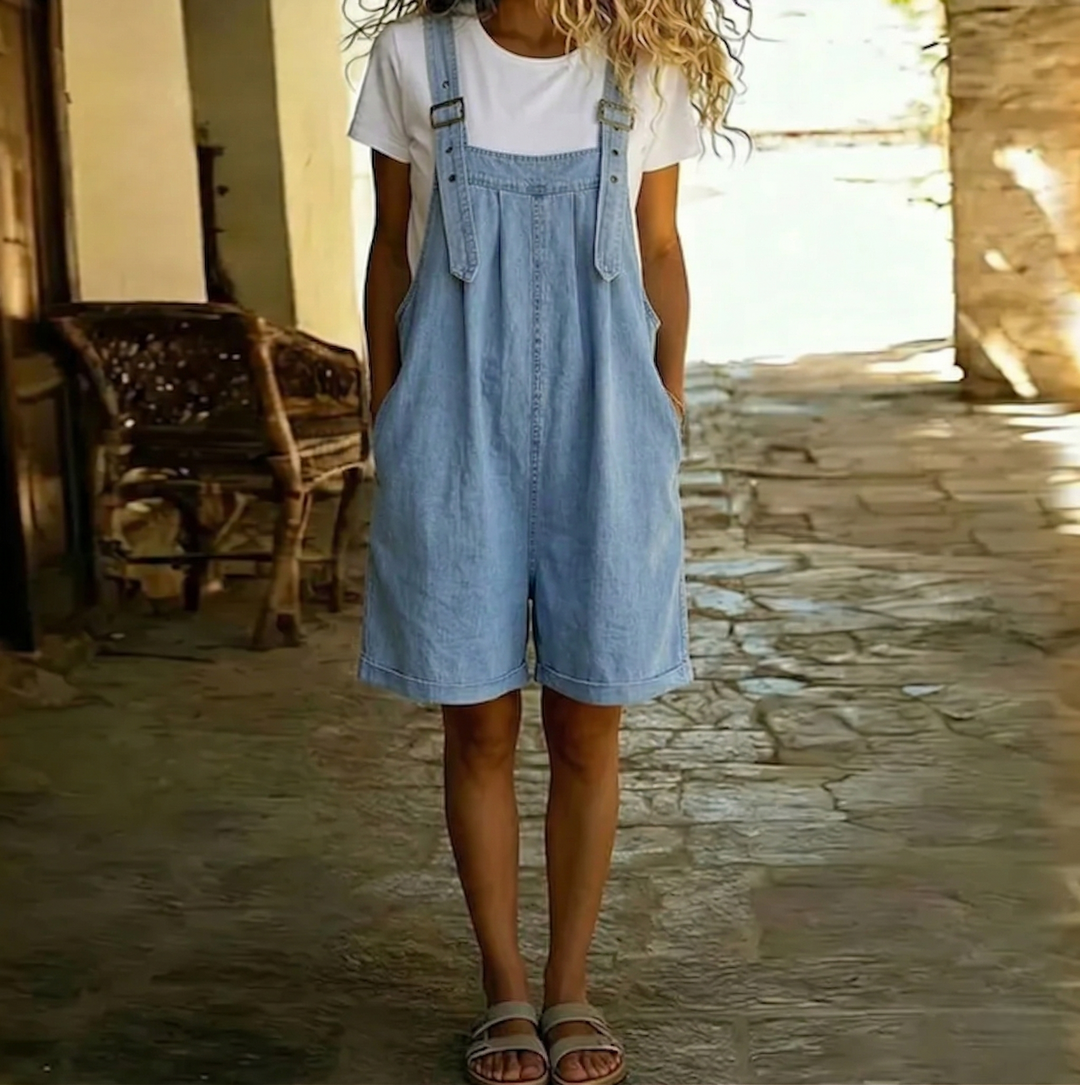 Salopette Corta in Denim da Donna Vintage Lavata Azzurra in Cotone