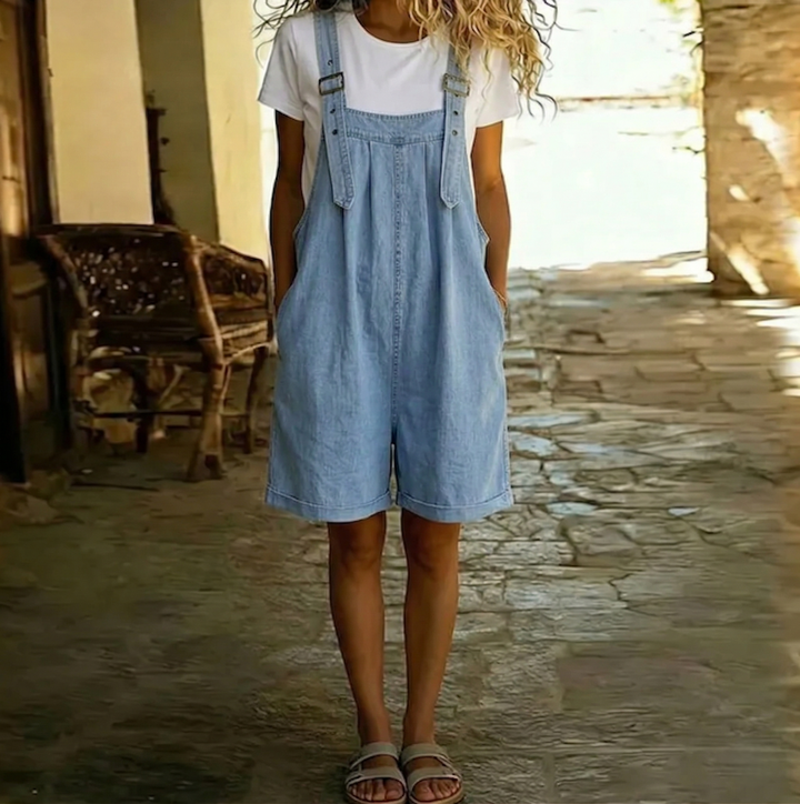 Salopette Corta in Denim da Donna Vintage Lavata Azzurra in Cotone