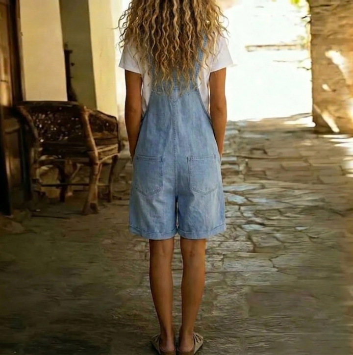 Salopette Corta in Denim da Donna Vintage Lavata Azzurra in Cotone