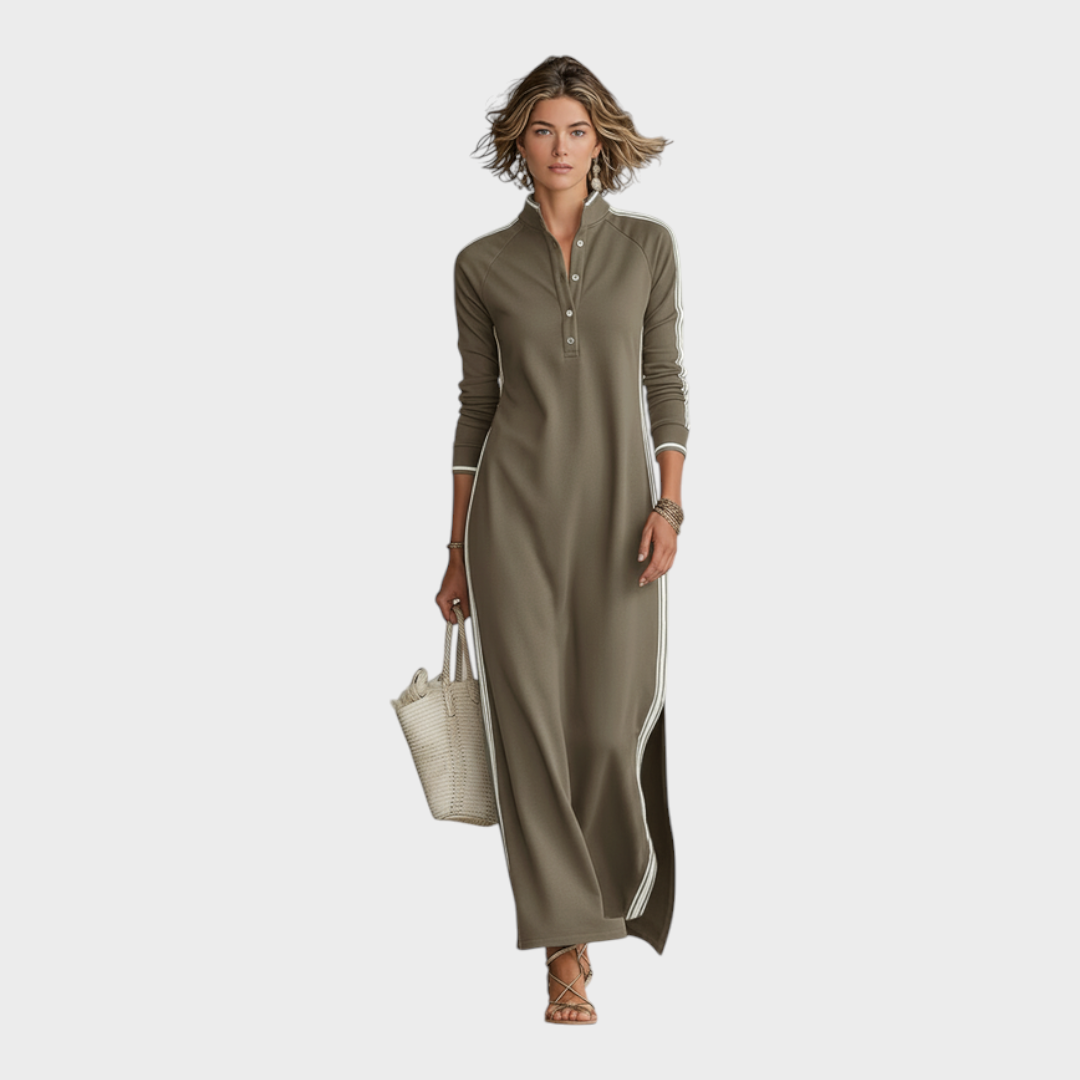 Jenalie | Abito lungo a felpa con colletto button-down e finiture bianche minimaliste da donna MDA0958L0Y