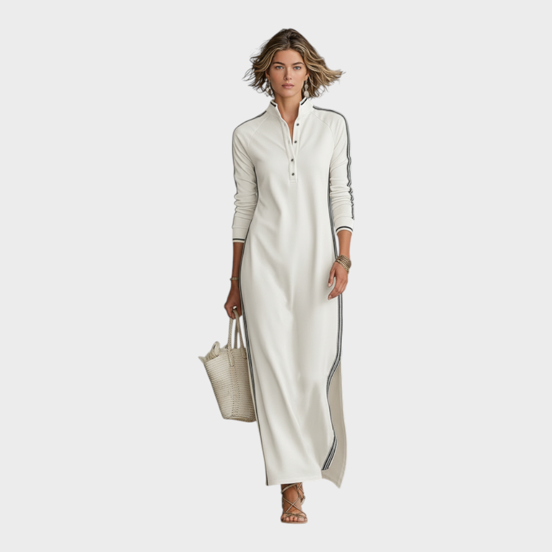 Jenalie | Abito lungo a felpa con colletto button-down e finiture bianche minimaliste da donna MDA0958L0Y
