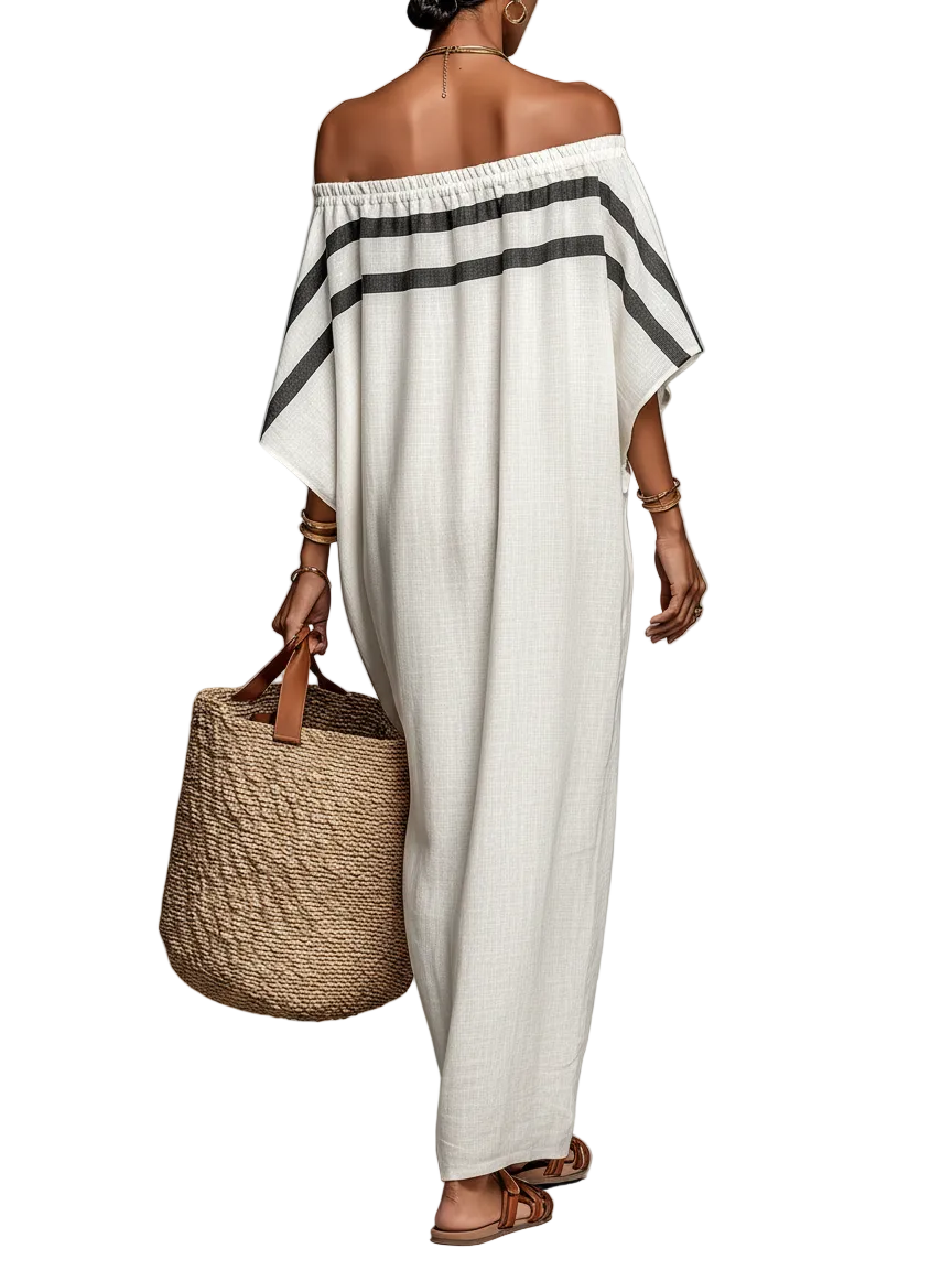 Women's Minimalist Linen Blend Off-the-shoulder Batwing Sleeve Straight-cut Maxi Dress