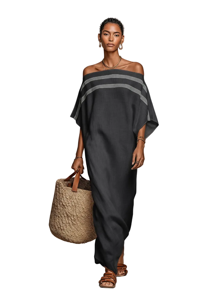 Women's Minimalist Linen Blend Off-the-shoulder Batwing Sleeve Straight-cut Maxi Dress