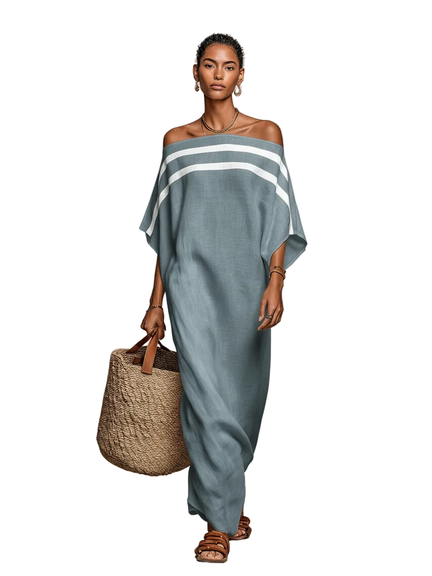 Women's Minimalist Linen Blend Off-the-shoulder Batwing Sleeve Straight-cut Maxi Dress