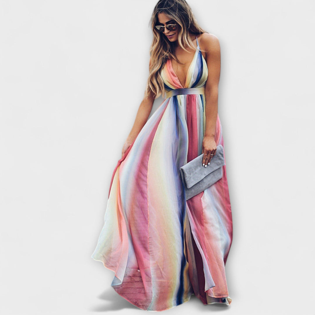 Abito da donna a righe multicolore con scollo a V