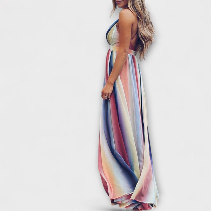 Abito da donna a righe multicolore con scollo a V