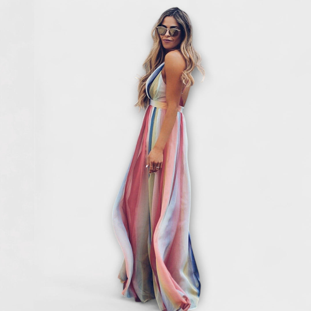 Abito da donna a righe multicolore con scollo a V