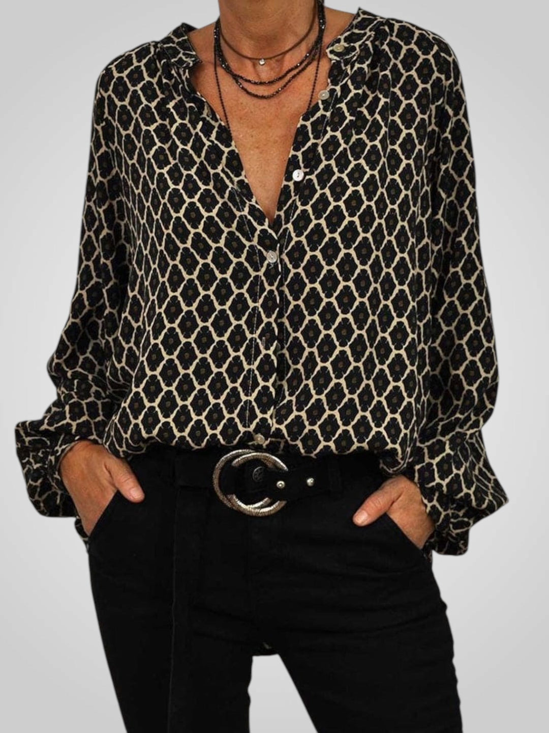 Nela | Elegant V-neck Blouse with Geometric Pattern