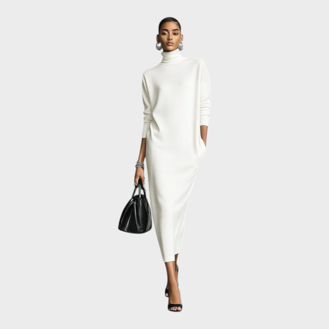 Caitlin | Women's Elegant Black Knit Dress with Turtleneck, Long Sleeves, Relaxed Fit