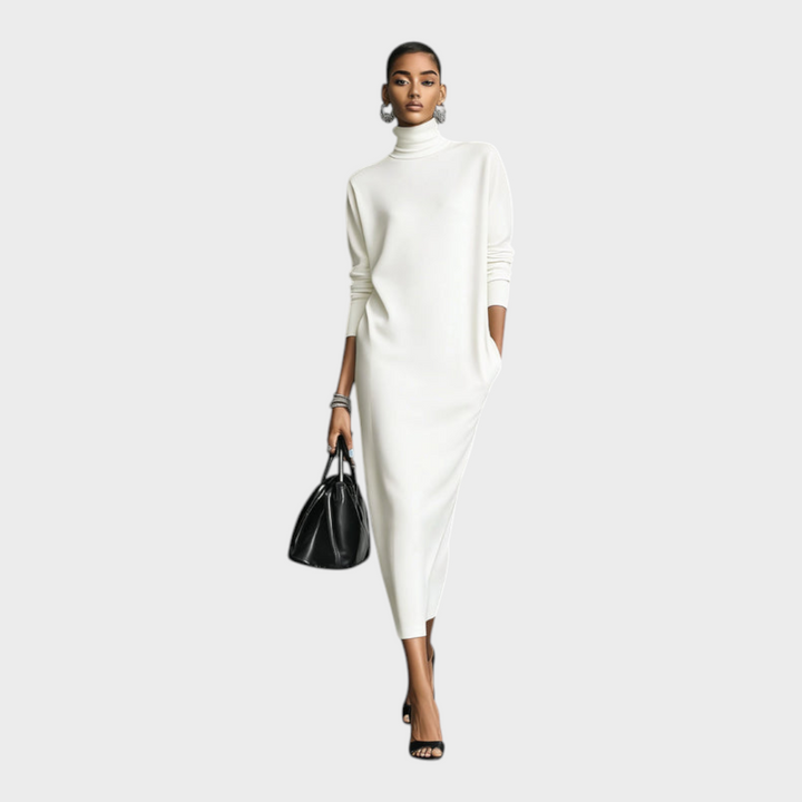 Caitlin | Women's Elegant Black Knit Dress with Turtleneck, Long Sleeves, Relaxed Fit