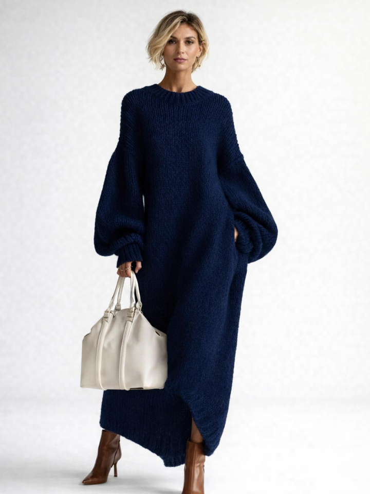 Cozy Chunky Knit Sweater Dress for Women with Crew Neck Balloon Sleeve Oversized Side Slit Style