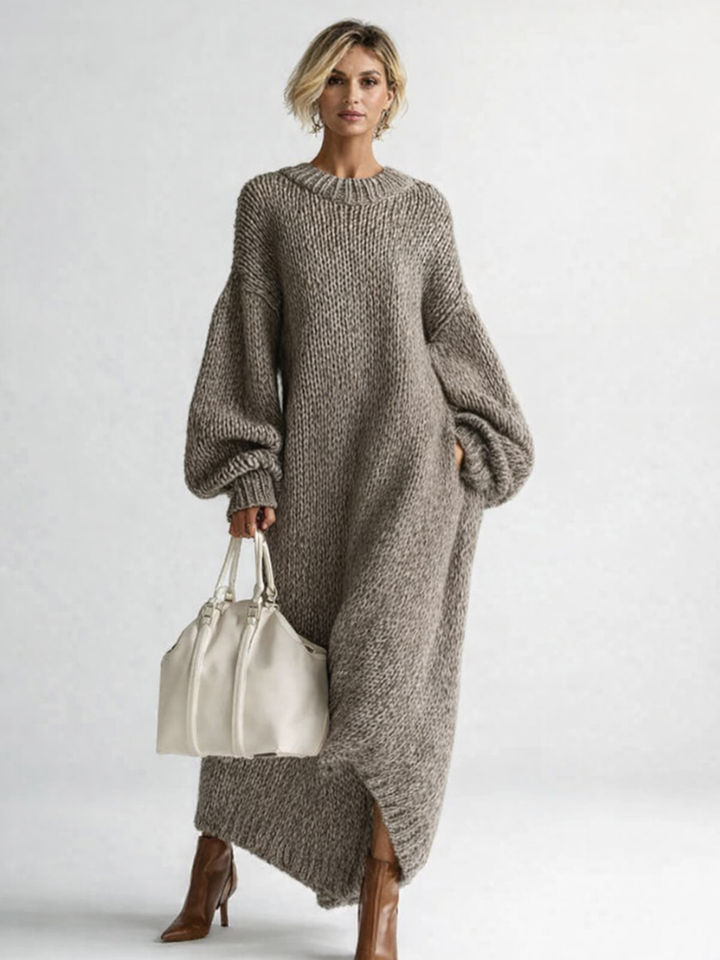 Cozy Chunky Knit Sweater Dress for Women with Crew Neck Balloon Sleeve Oversized Side Slit Style