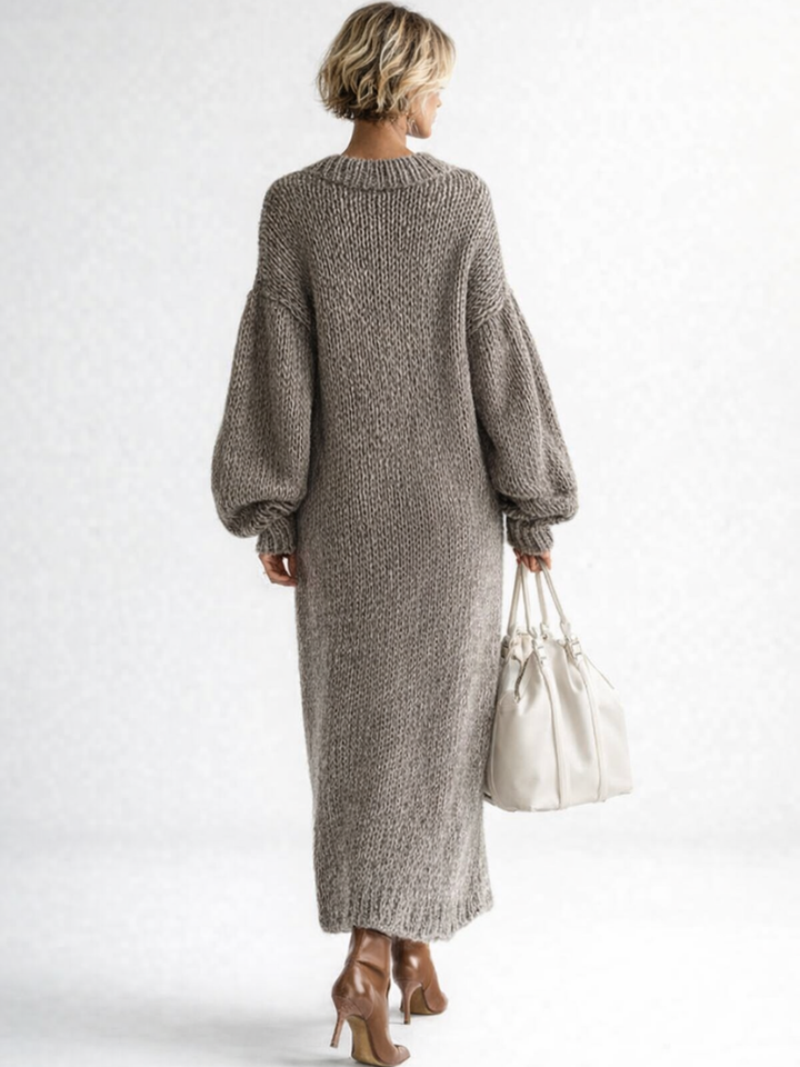 Cozy Chunky Knit Sweater Dress for Women with Crew Neck Balloon Sleeve Oversized Side Slit Style
