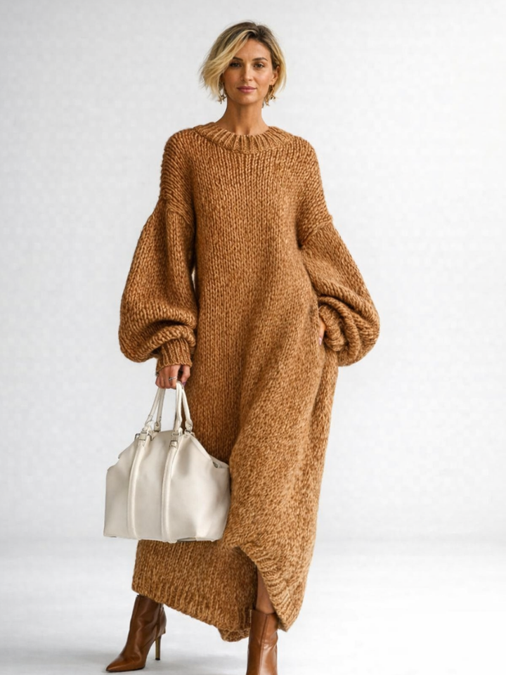 Cozy Chunky Knit Sweater Dress for Women with Crew Neck Balloon Sleeve Oversized Side Slit Style