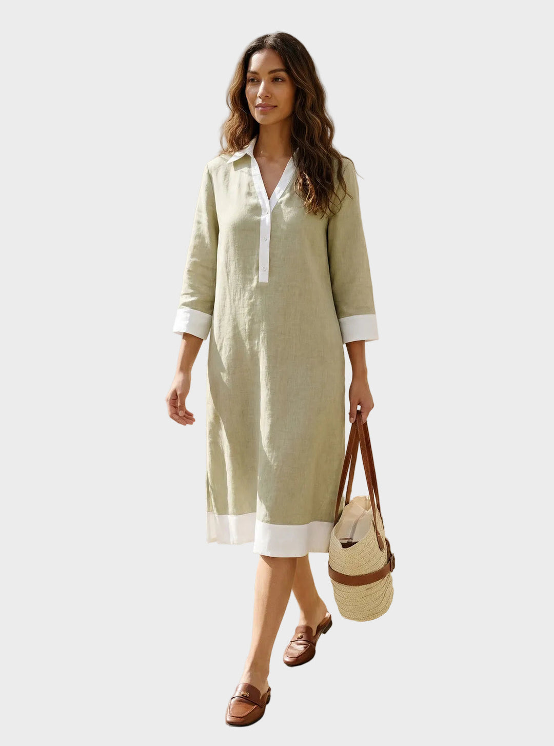 Vinnie | Robe chemise midi PERSEPHONE en lin à empiècements contrastants, encolure en V et revers superposés