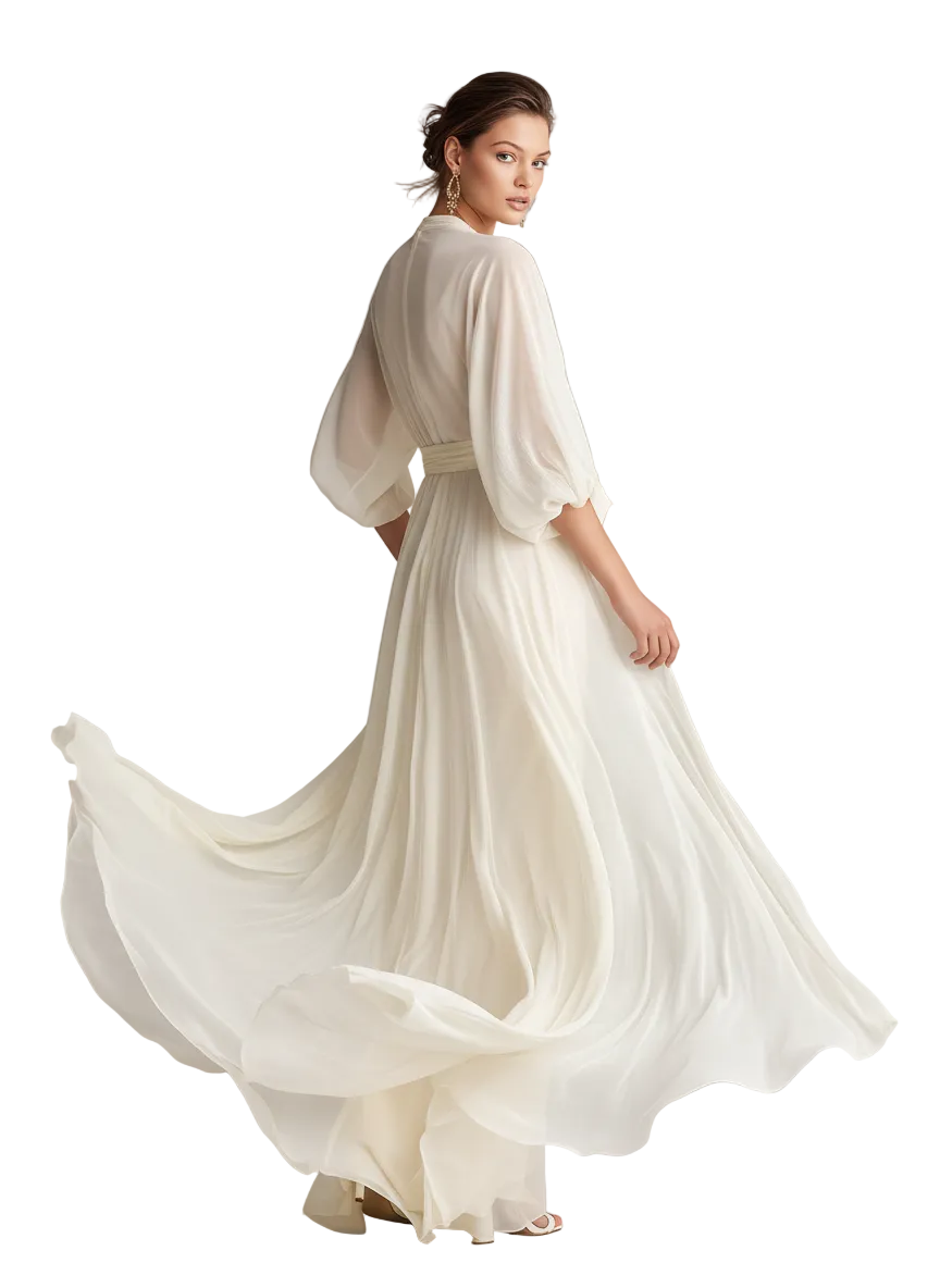 Women's Ivory Sheer Chiffon Dress With Puff Sleeves & Wrap Detail, Tim – The Harrington Sisters