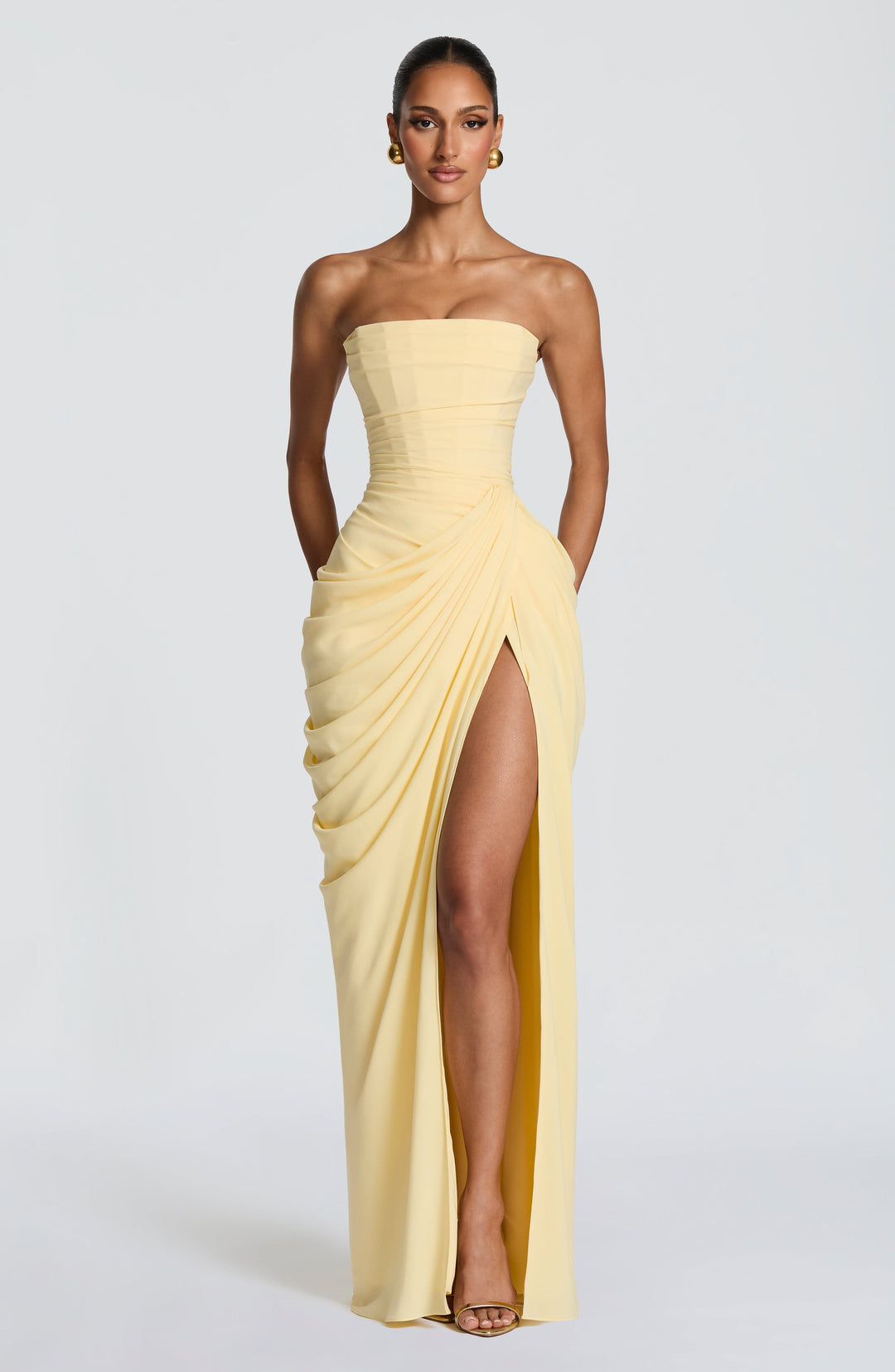 Elegant Draped Maxi Dress for Women with Strapless Sweetheart Ruched Side Slit Autumn Wedding Guest Style
