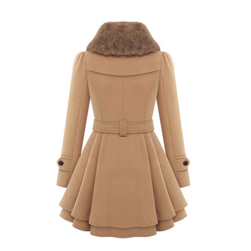 Elegant Faux Fur Collar Wool Jacket for Women with Notch Lapel Long Sleeve Belted Tiered Peplum Winter Style