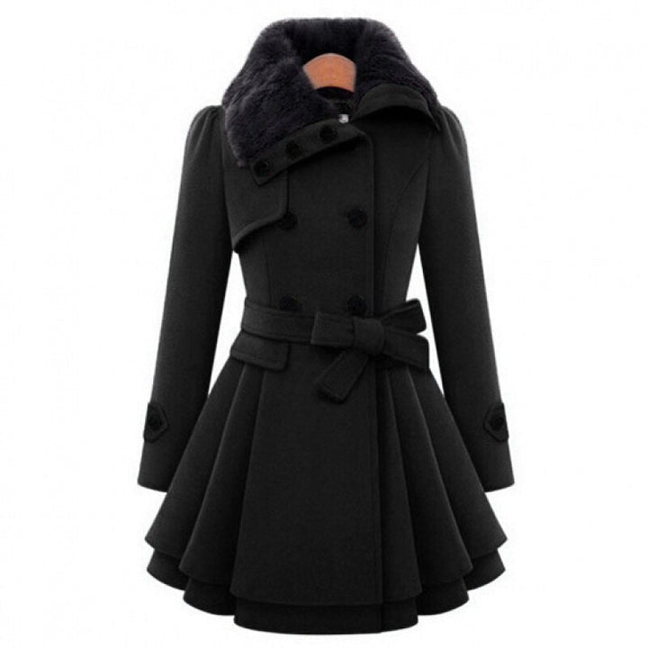 Elegant Faux Fur Collar Wool Jacket for Women with Notch Lapel Long Sleeve Belted Tiered Peplum Winter Style