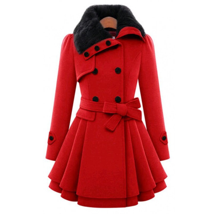 Elegant Faux Fur Collar Wool Jacket for Women with Notch Lapel Long Sleeve Belted Tiered Peplum Winter Style