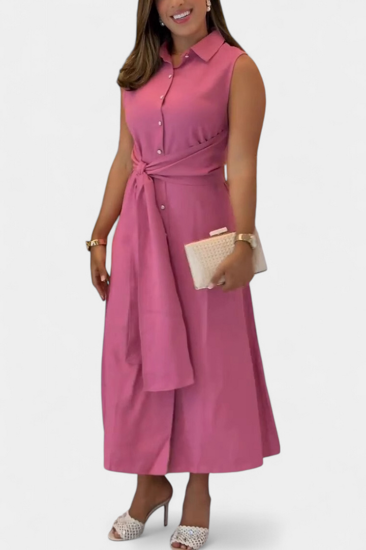 Abito elegante senza maniche Behnaz con cintura e colletto a camicia