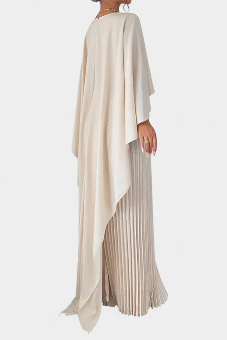 Abito lungo Jane con collo alto, pieghe e maniche a volant
