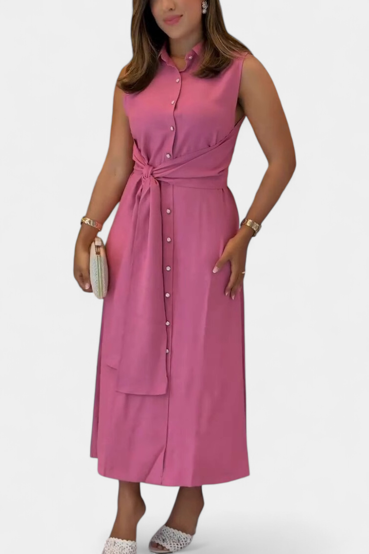 Abito elegante senza maniche Behnaz con cintura e colletto a camicia