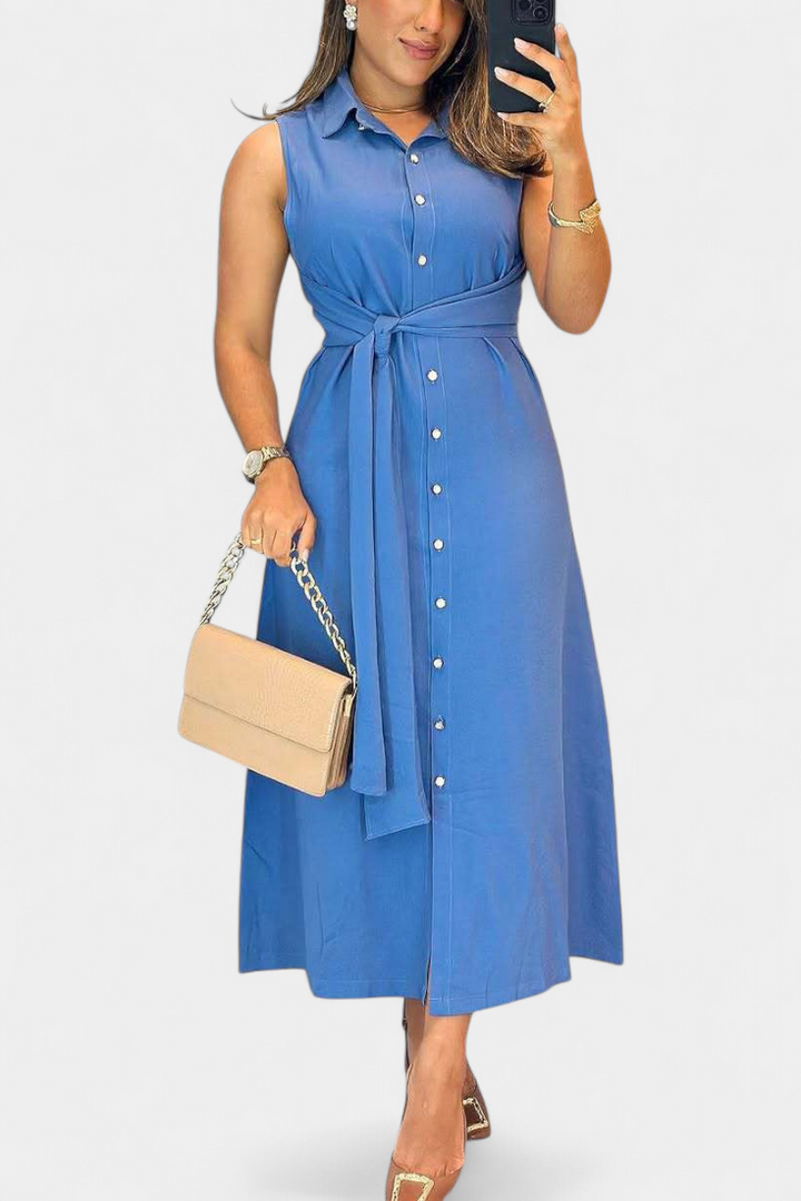 Abito elegante senza maniche Behnaz con cintura e colletto a camicia