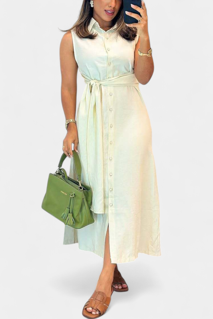 Abito elegante senza maniche Behnaz con cintura e colletto a camicia