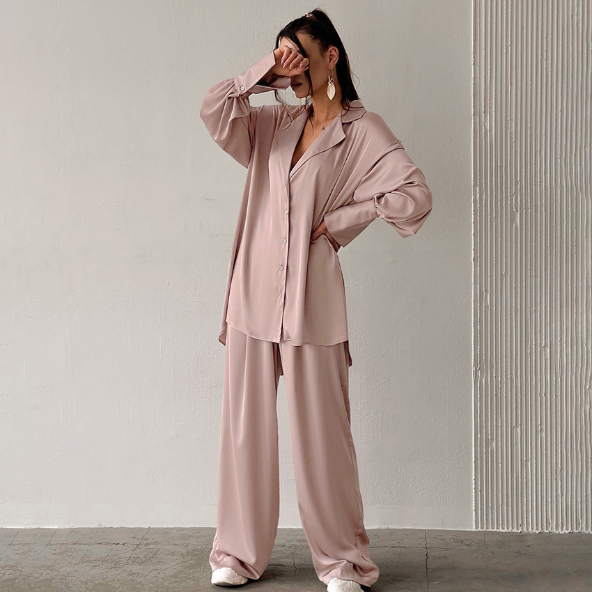 Effortless Satin Pajama Set for Women with Notch Collar Long Sleeve Wide Leg Relaxed Style