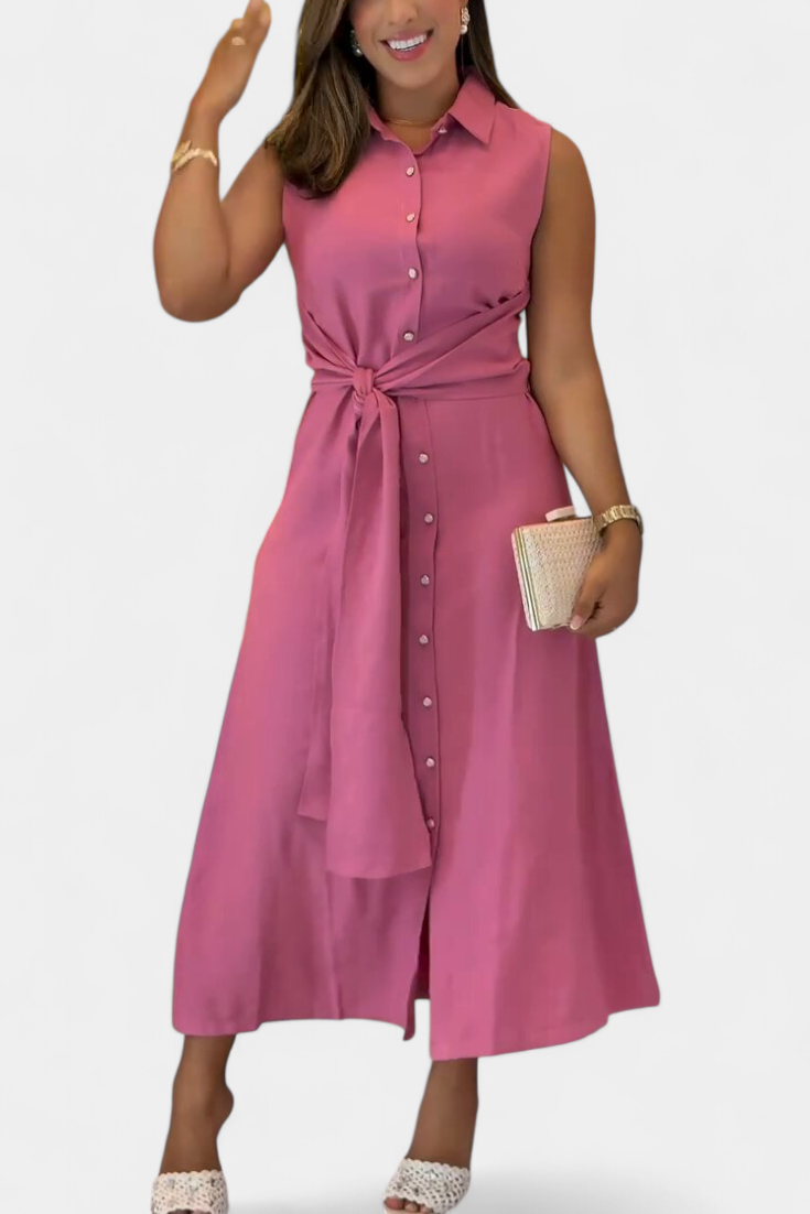Abito elegante senza maniche Behnaz con cintura e colletto a camicia
