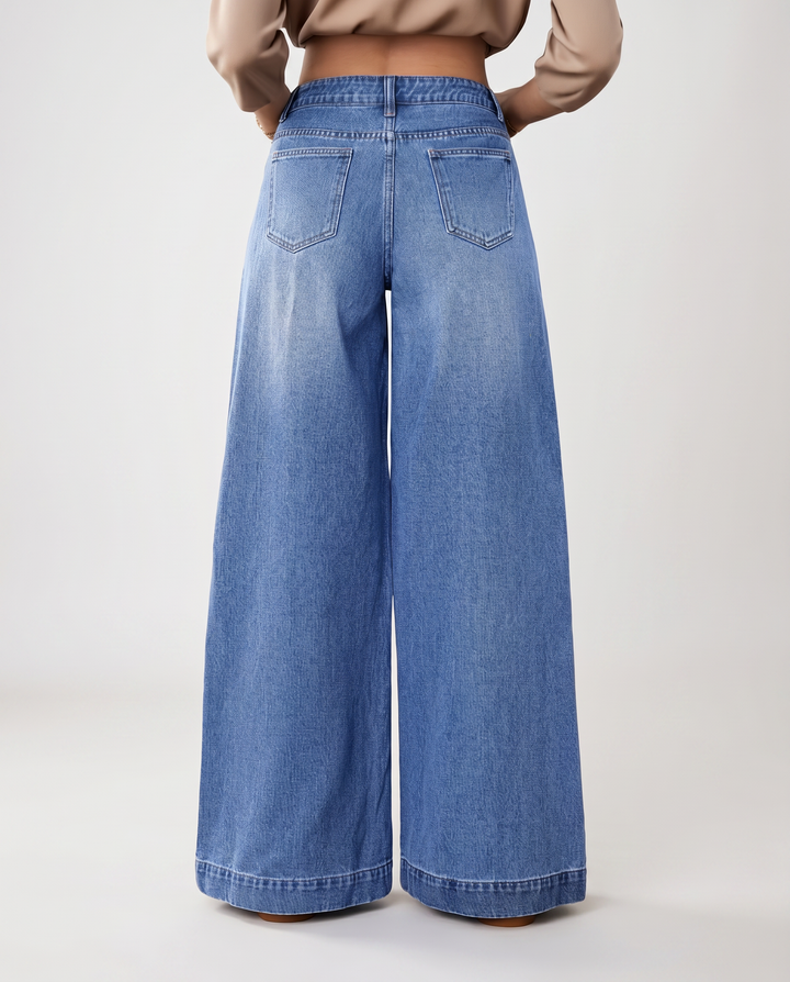 Stylish Blue Wide Leg Jeans for Women with High Waisted Button Front Denim Relaxed Style