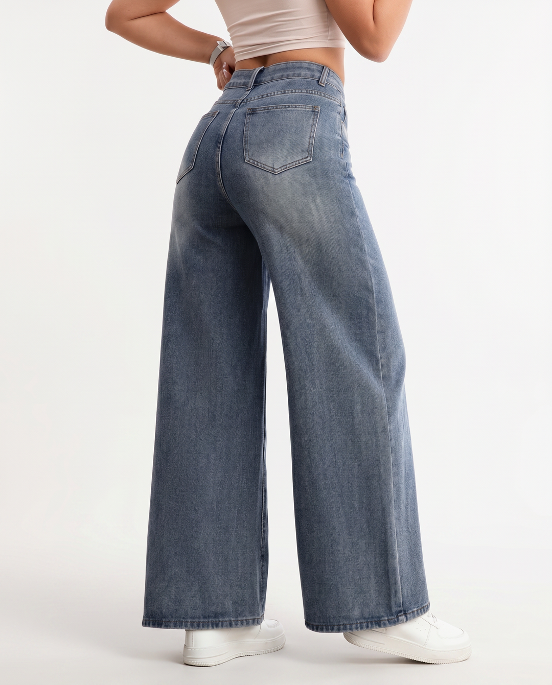 Effortless Blue Denim Wide Leg Jeans for Women with High Waist Drawstring Relaxed Casual Style