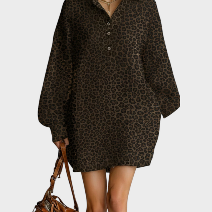 Meredith | Abito a maniche lunghe scollato largo da donna alla moda con stampa leopardata marrone
