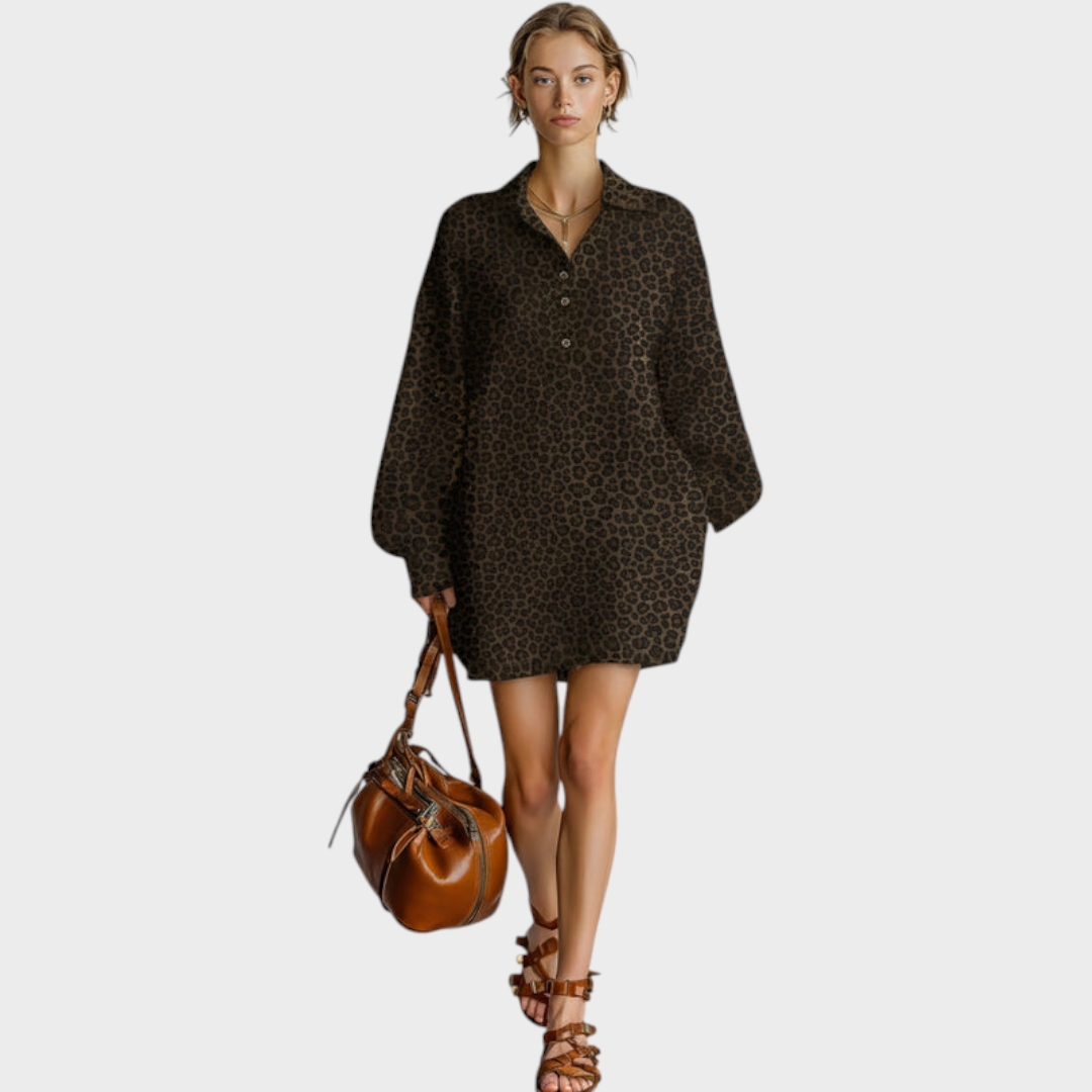 Meredith | Abito a maniche lunghe scollato largo da donna alla moda con stampa leopardata marrone