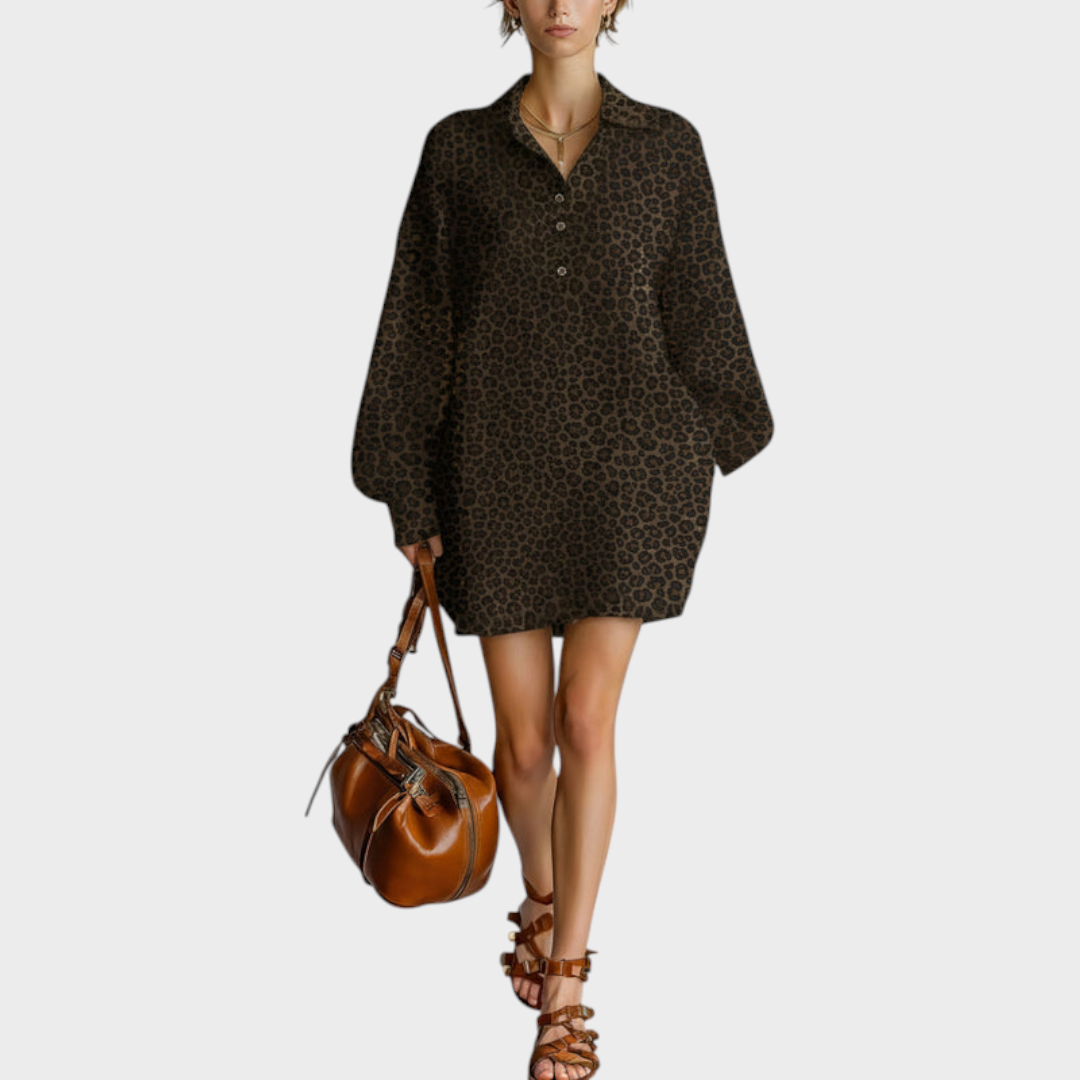 Meredith | Abito a maniche lunghe scollato largo da donna alla moda con stampa leopardata marrone