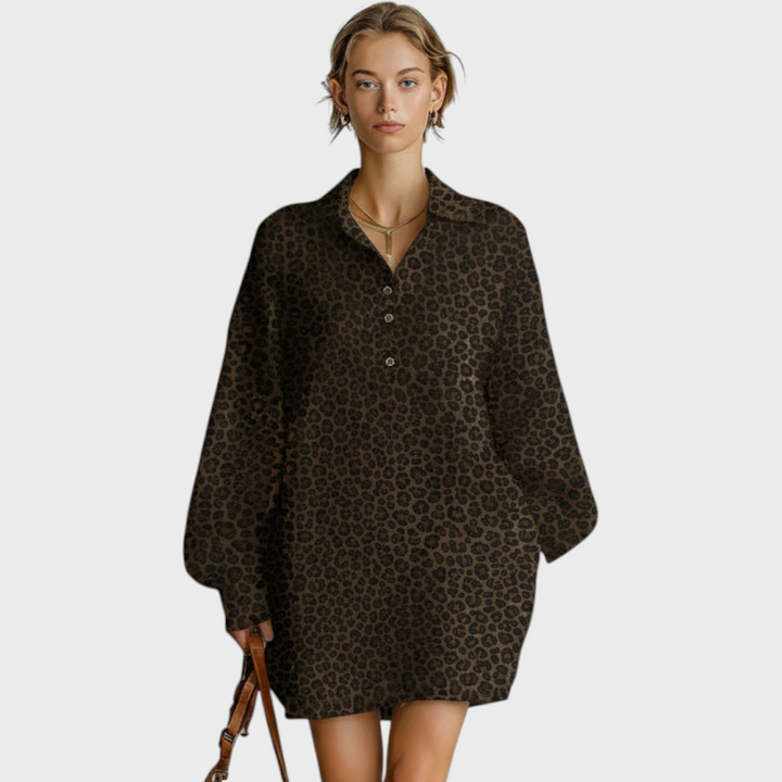 Meredith | Abito a maniche lunghe scollato largo da donna alla moda con stampa leopardata marrone