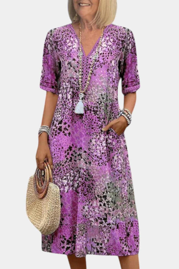 Abito Boho Perla con fantasia floreale e dettagli in maglia