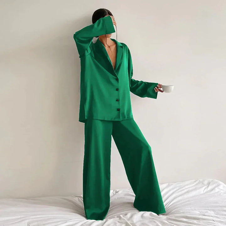 Effortless Satin Pajama Set for Women with Collar Long Sleeve Wide Leg Two Piece Style