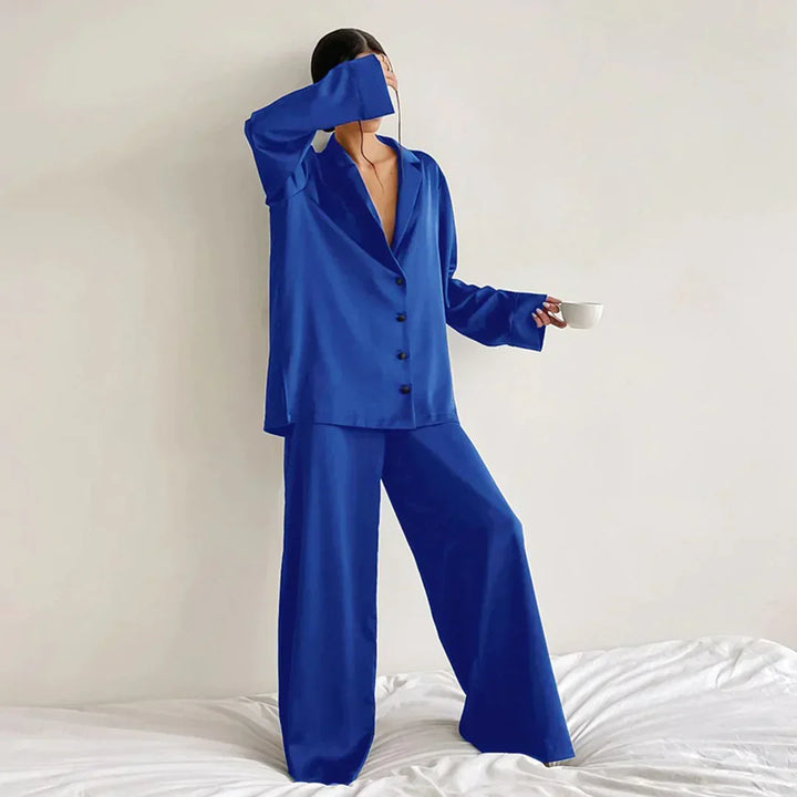 Effortless Satin Pajama Set for Women with Collar Long Sleeve Wide Leg Two Piece Style