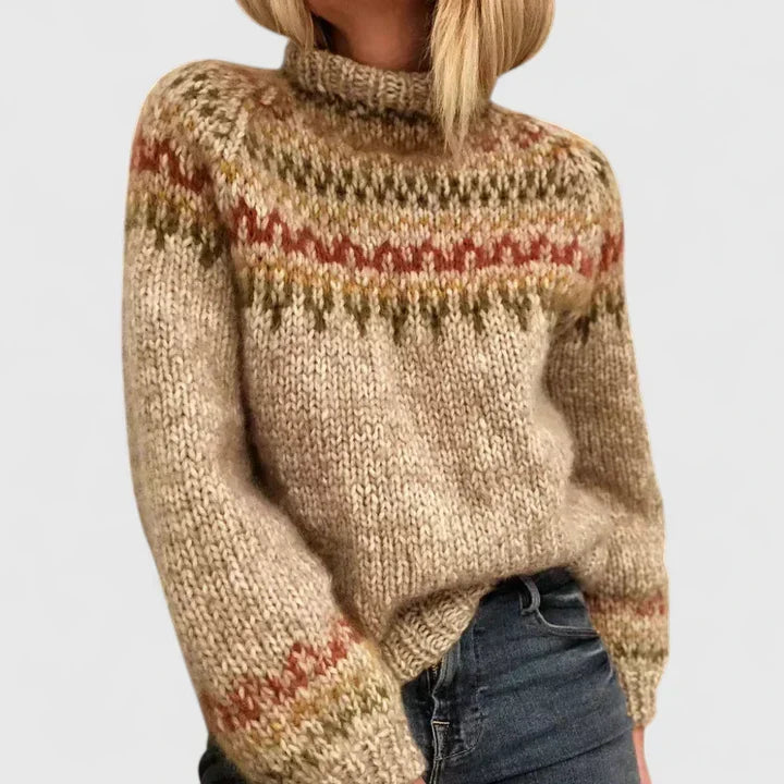 Comfortable Fair Isle Print Sweater for Women with Turtleneck Long Sleeve Relaxed Oversized Knit Style