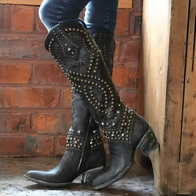 Stylish Boots for Women with Studded Detail Pointed Toe Block Heel Style