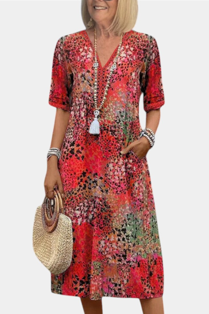 Abito Boho Perla con fantasia floreale e dettagli in maglia