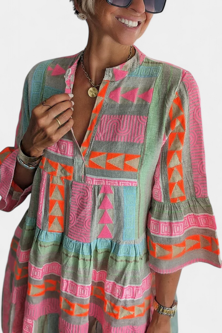 Gina Boho Embroidered Dress with V Neckline