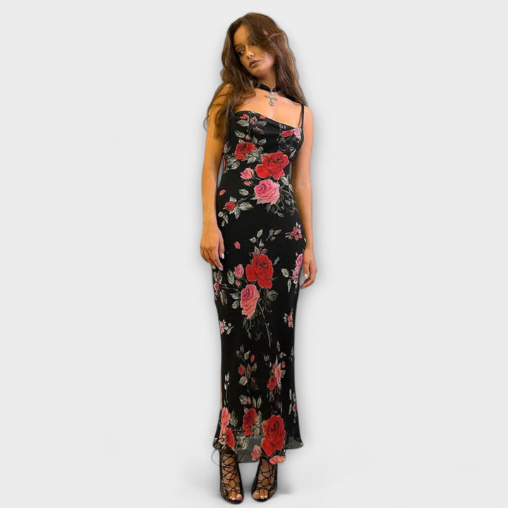 Robe moulante à fines bretelles à motif floral