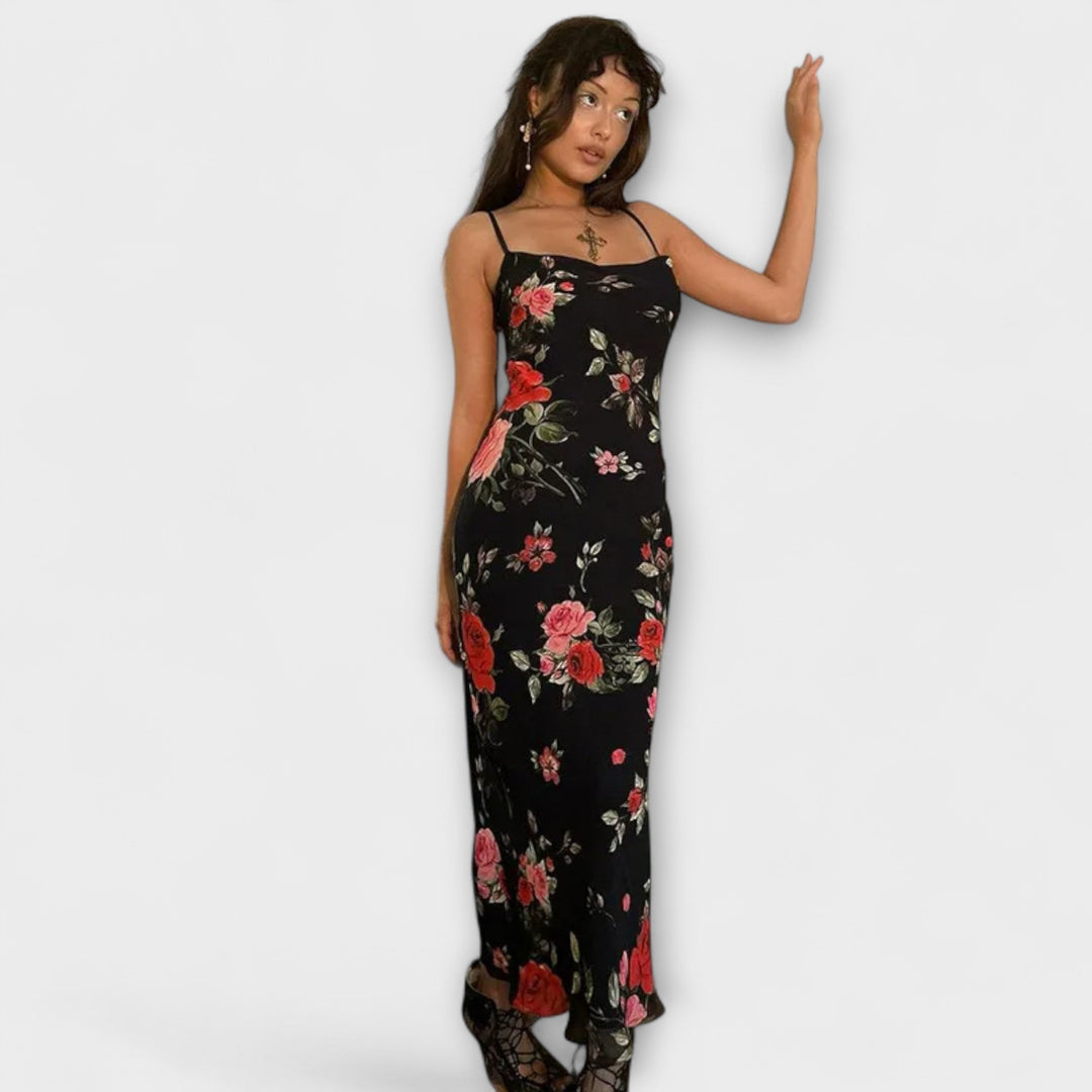 Robe moulante à fines bretelles à motif floral